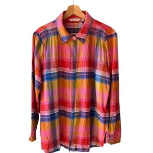 Soft Surroundings Sz L 100% Cotton Crinkled Multicolor Long Sleeve Button Down
